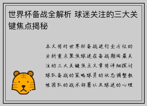 世界杯备战全解析 球迷关注的三大关键焦点揭秘 世界杯备战全解析 球迷关注的三大关键焦点揭秘